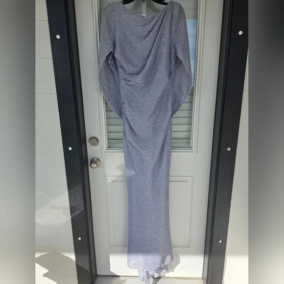 $258 Betsy & Adam Elaine" Long Metallic Crinkle Cowl Neck Dress Sz 8 NWT Wedding - Picture 4 of 12